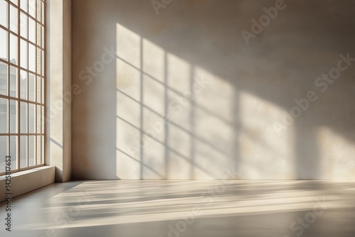 Obraz na płótnie Minimalistic grey wall with natural light streaming through the window, soft shadows and a serene atmosphere. Concept of modern interior design, simplicity, and natural elegance. w salonie