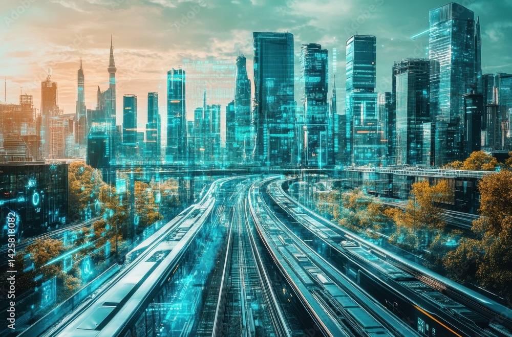 Fototapeta premium AI-powered train moving smoothly through a futuristic