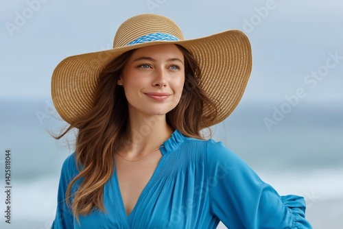 A young woman in a wide-brimmed hat enjoying a sunny day on beach, against blurred background of pale blue ocean. Concept of summer vacation, relaxation, freedom, and carefree coastal lifestyle.