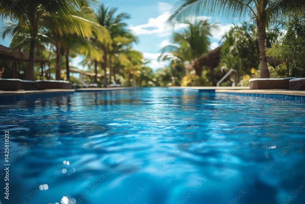 Fototapeta premium Tropical pool with bright blue water on slightly blurred background of palm trees. Concept of vacation, relaxation, exotic getaway, and summer leisure with space for text or product placement.