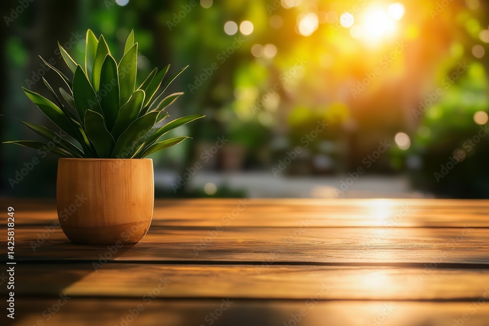 Green plant in a simple pot on wooden table, set against blurred background of sunlit park. Concept of eco-lifestyle, nature connection, calm environment, and sustainable interior decor.