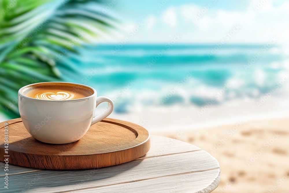 Wooden table with coffee cup on blurred beach background with light sand and gentle waves. Concept of morning relaxation, coastal lifestyle, and peaceful seaside moments with space for text.
