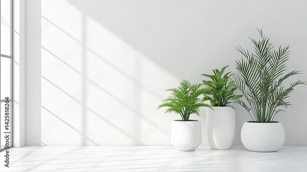 Three Potted Plants in White Pots on White Floor in Bright Room Three Potted Plants in White Pots on White Floor in Bright Room