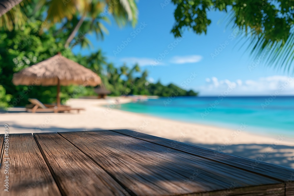 Empty wooden table on blurred background of beach and sea. Concept of summer relaxation, tropical vacation, product display, and natural coastal atmosphere with copy space.