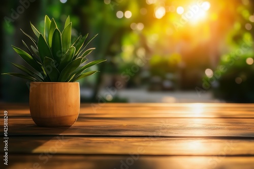 Obraz na płótnie Green plant in a simple pot on wooden table, set against blurred background of sunlit park. Concept of eco-lifestyle, nature connection, calm environment, and sustainable interior decor. w salonie