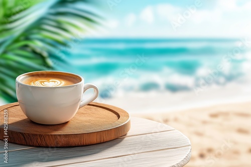 Obraz na płótnie Wooden table with coffee cup on blurred beach background with light sand and gentle waves. Concept of morning relaxation, coastal lifestyle, and peaceful seaside moments with space for text. w salonie