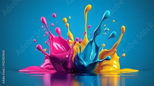 of colorful paint splashes in vibrant shades of pink, blue, and yellow creating a chaotic and dynamic abstract art design 