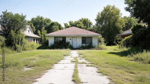 Abandoned single-family home in a weedy, overgrown neighborhood.  Empty lot and cracked driveway