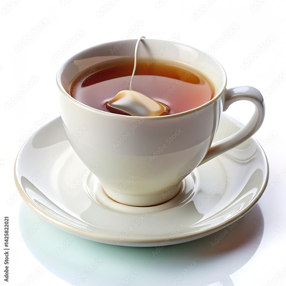 Delicate tea cup with saucer and hanging tea bag on white background Delicate tea cup with saucer and hanging tea bag on white background