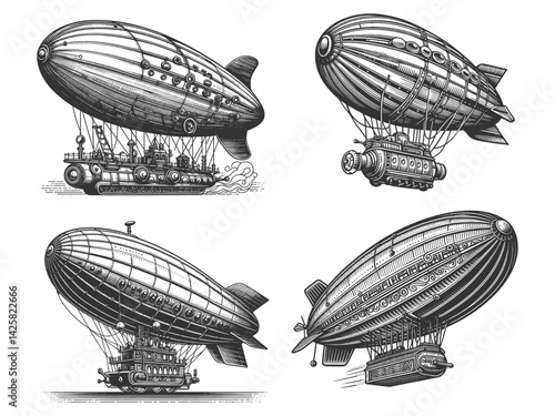 steampunk airship dirigible Set collection bundle sketch engraving generative ai vector illustration. Scratch board imitation. Black and white image.