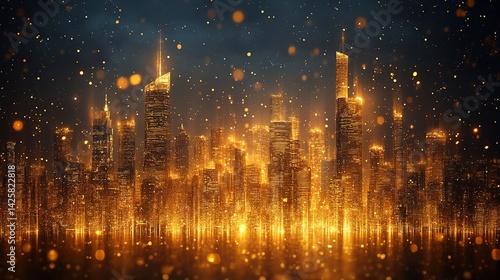 Golden Cityscape at Night with Sparkling Lights and Reflections