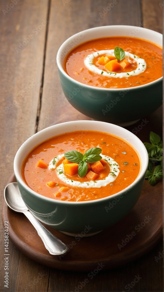 Warm Bowls of Tomato Soup with Fresh Basil: A Comforting and Flavorful Culinary Experience on Rustic Wood. Warm Bowls of Tomato Soup with Fresh Basil: A Comforting and Flavorful Culinary Experience on Rustic Wood.