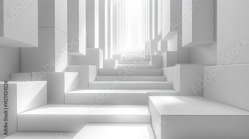 Geometric steps in white an abstract minimalist art installation with unique perspective viewpoint