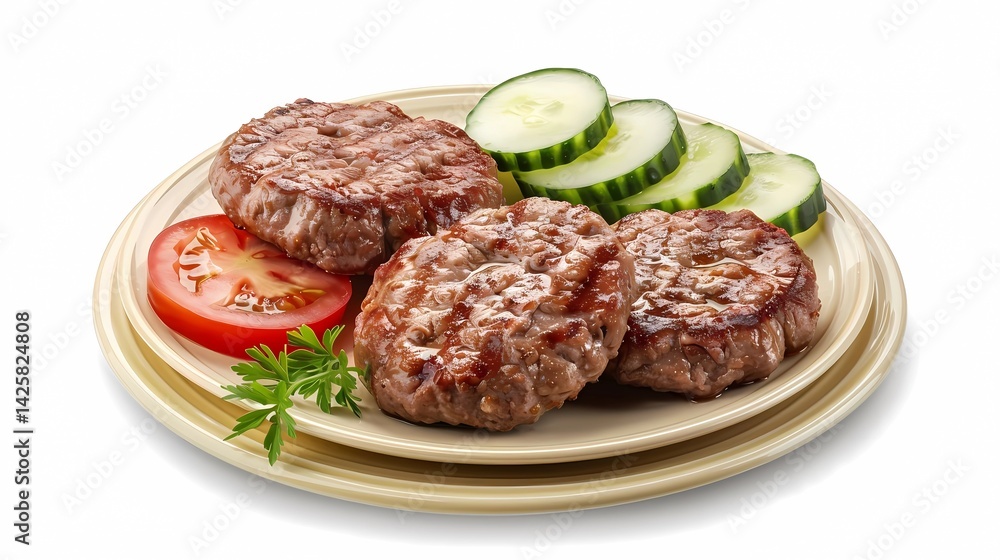 A thinner, larger and round beef and pork cutlets, on a light yellow plate, sliced cucumber and tomato, on plane white background, Generative AI illustrations.
A thinner, larger and round beef and pork cutlets, on a light yellow plate, sliced cucumber and tomato, on plane white background, Generative AI illustrations.