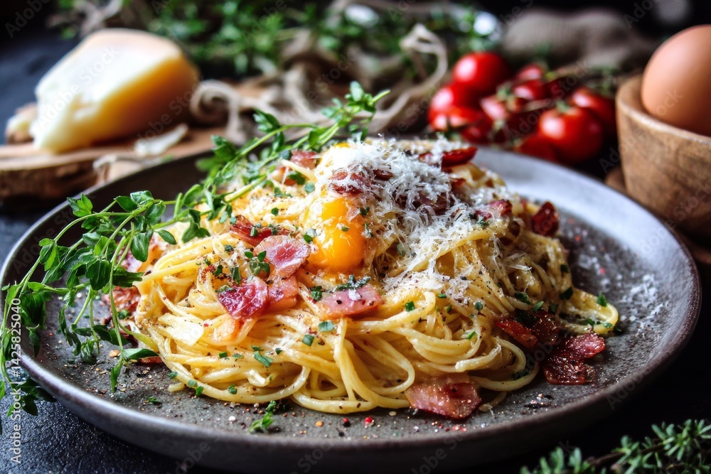 Spaghetti carbonara with parmesan cheese.