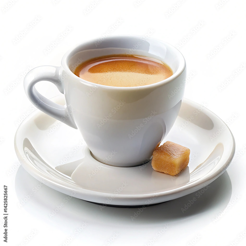 Single espresso cup with saucer and small sugar dish on white background Single espresso cup with saucer and small sugar dish on white background