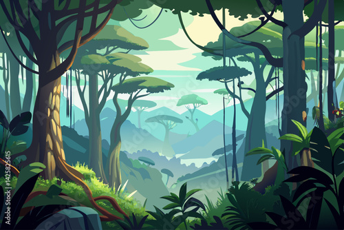 vector of Looking at the misty forest canopy.