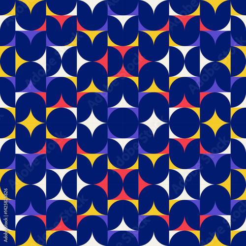 Abstract geometric navy blue bg background, brutalism style elements in random order and colors, seamless vector geo pattern, simple flat style shapes