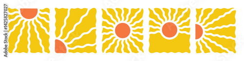 Groovy retro abstract sun. Sun groovy hippie. summer sunburst with wave sunshine shapes. Boho vector style.