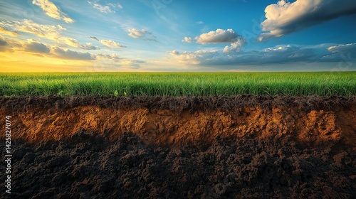 Cross section of soil layers with underground irrigation system and water pipes,generative ai illustration