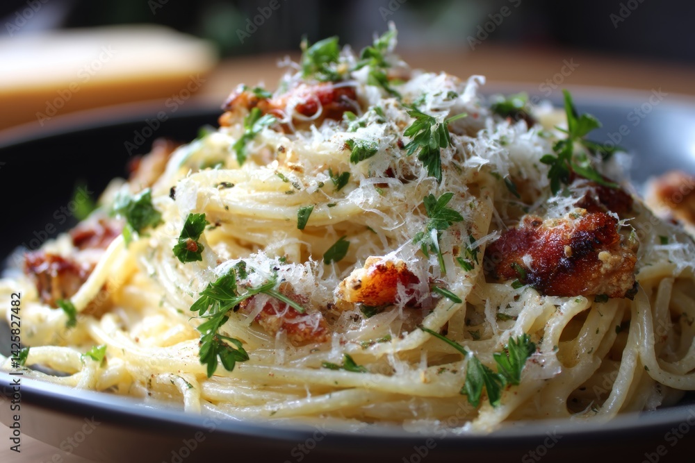 Spaghetti carbonara with parmesan cheese.