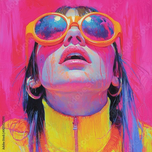 Woman with sunglasses and yellow jacket against a pink background.