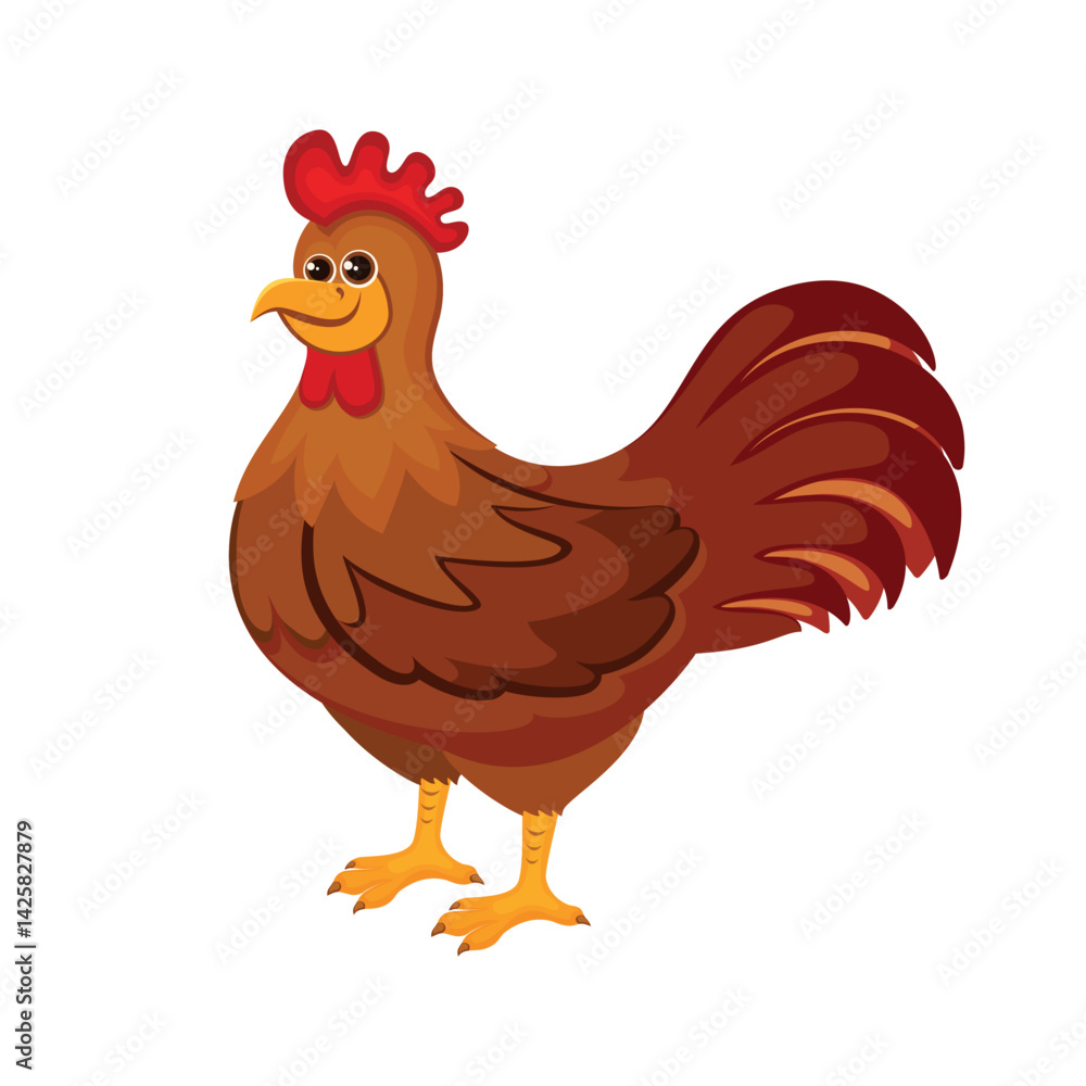 Fototapeta premium Cute rooster in cartoon style vector illustration. Funny chicken bird male cartoon character. Happy rooster icon vector isolated on a white background