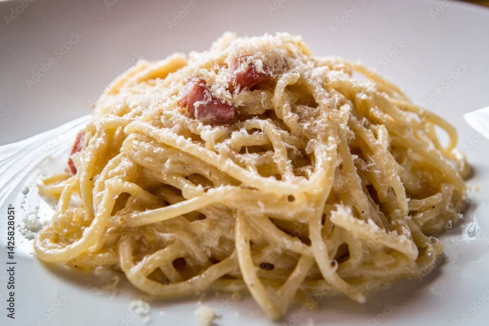 Spaghetti carbonara with parmesan cheese.