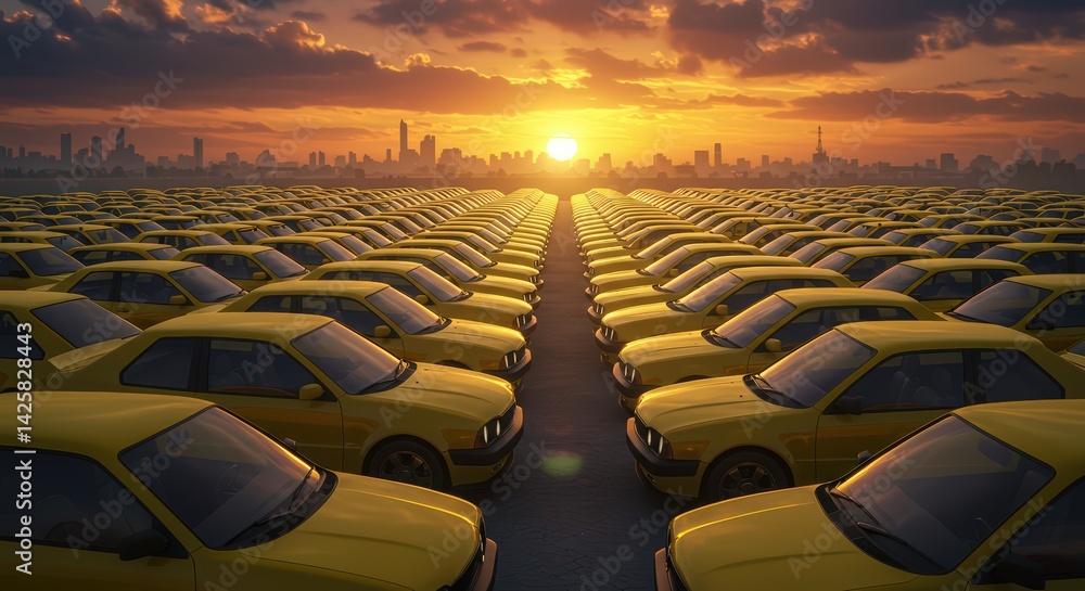 Obraz premium Sunset Cityscape with Rows of Yellow Cars