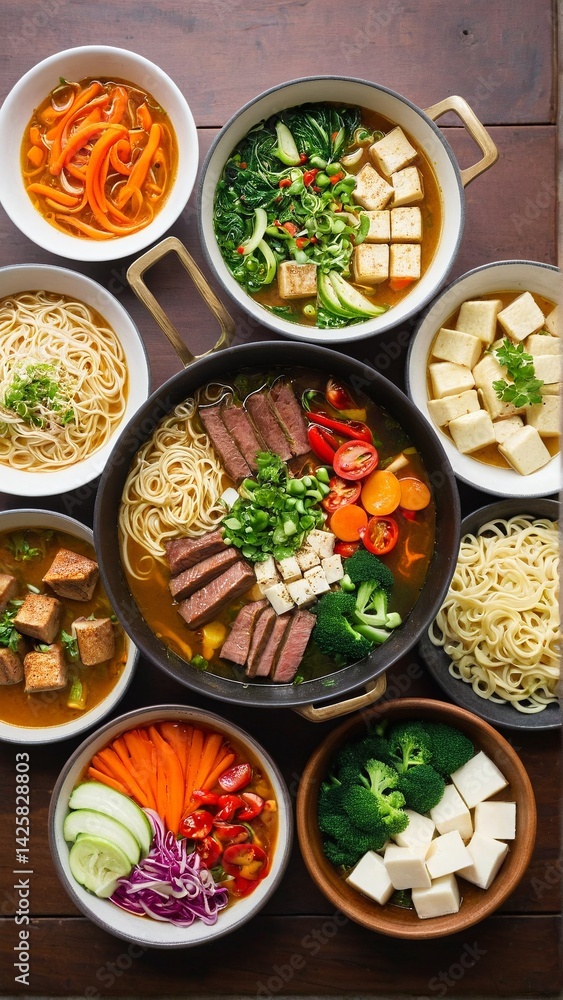Delicious assortment of noodle bowls with vibrant vegetables, tofu, and succulent steak, creating a colorful and appetizing culinary experience. Delicious assortment of noodle bowls with vibrant vegetables, tofu, and succulent steak, creating a colorful and appetizing culinary experience.