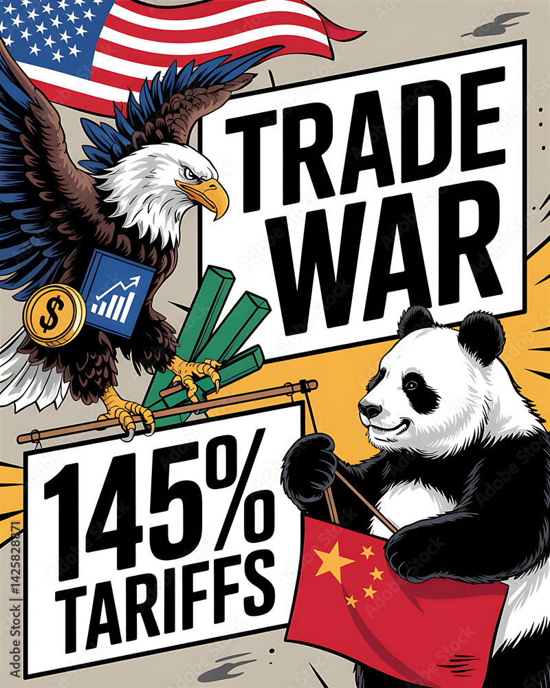 Cartoon illustration showing an eagle representing the US facing off with a panda representing China over tariffs and trade war.