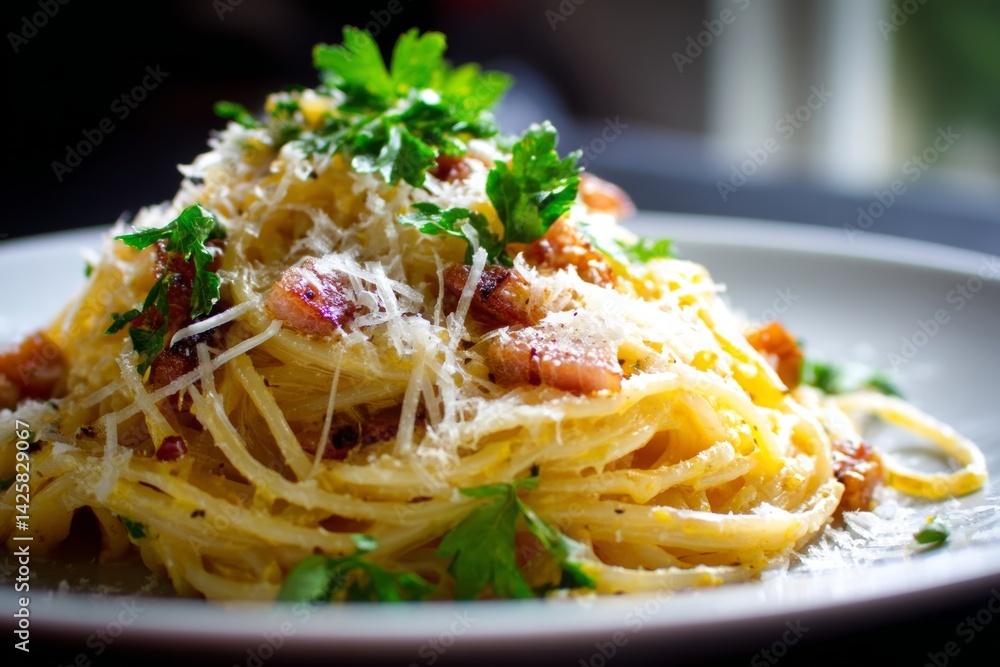 Spaghetti carbonara with parmesan cheese.
