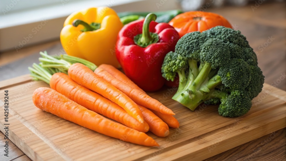 A vibrant assortment of fresh vegetables including carrots, bell peppers, and broccoli, arranged on a wooden cutting board. A vibrant assortment of fresh vegetables including carrots, bell peppers, and broccoli, arranged on a wooden cutting board.