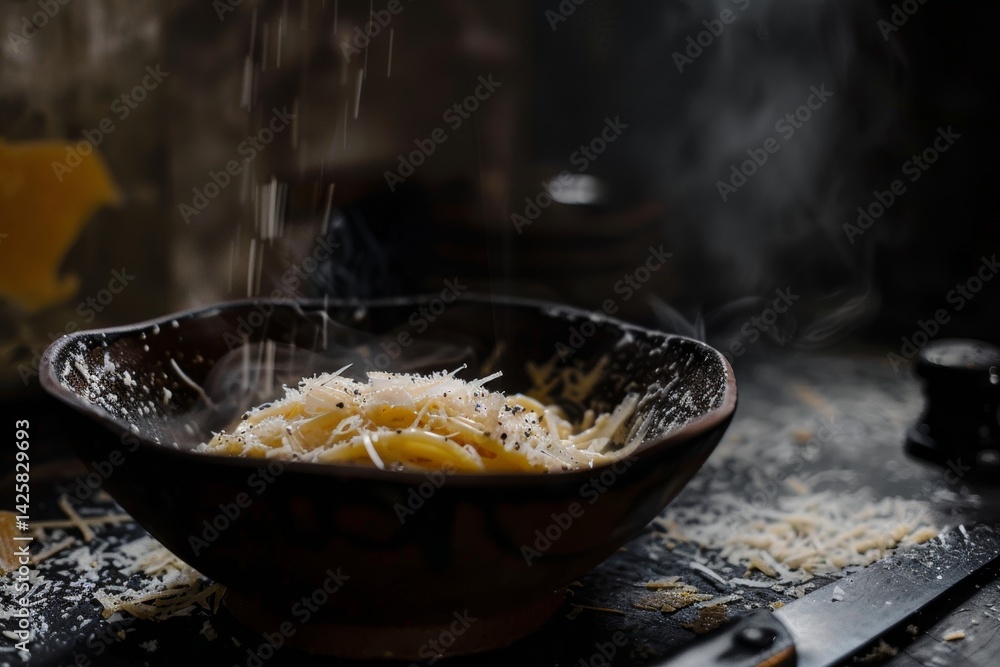 Spaghetti carbonara with parmesan cheese.