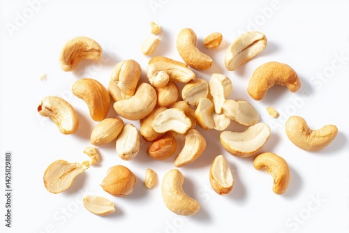Whole and chopped cashew nuts isolated on white background ideal for illustrating vegan, raw food, and nutrition concepts