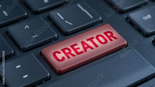 Close-up of a black keyboard with a red button labeled CREATOR in white capital letters highlighting digital creation and innovation.
