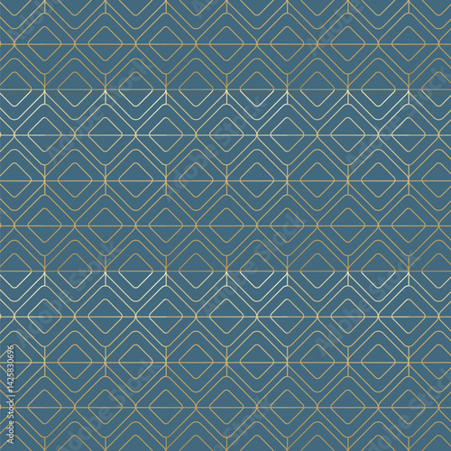 Seamless Diamond Shaped Geometric Pattern with Gold Lines on Blue Background – Elegant and Modern Design. Square shape pattern. Geometric Gold Line Pattern – Modern Luxury Abstract Design