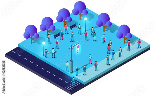 Citizens walking in smart city park with futuristic traffic light isometric illustration