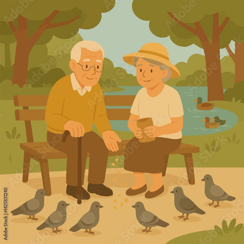 Elderly Couple Feeding Pigeons at the Park on Bench Together