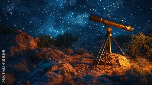 Night sky telescope on rocky terrain