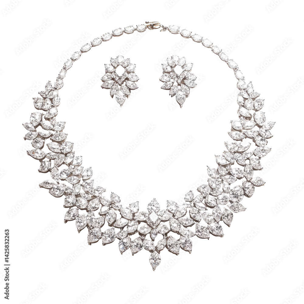 Obraz premium Luxury Diamond Necklace and Earrings Set Isolated on White Background Elegant Jewelry Fashion Accessories Bridal Wedding Gift Sparkle Glamour Bijouterie Precious Gems Crystals Rhinestones Close Up
