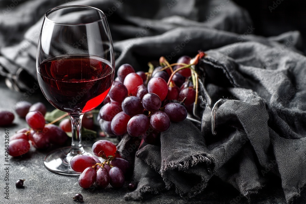 Glass of red wine with grapes.