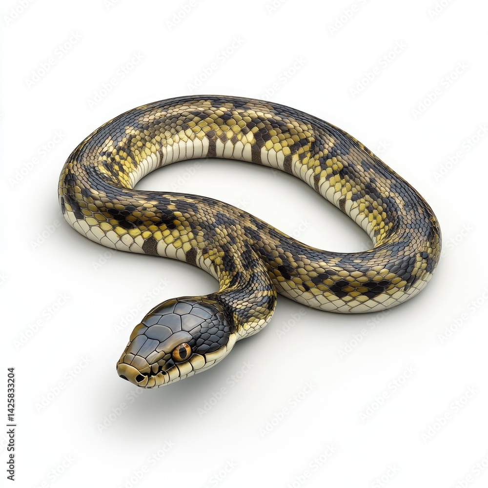 Fototapeta premium A coiled snake with intricate patterns displays its head.