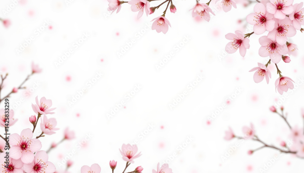 Naklejka premium Beautiful cherry blossoms frame serene background, creating peaceful atmosphere filled with delicate pink petals and soft hues. This floral design evokes feelings of tranquility and renewal