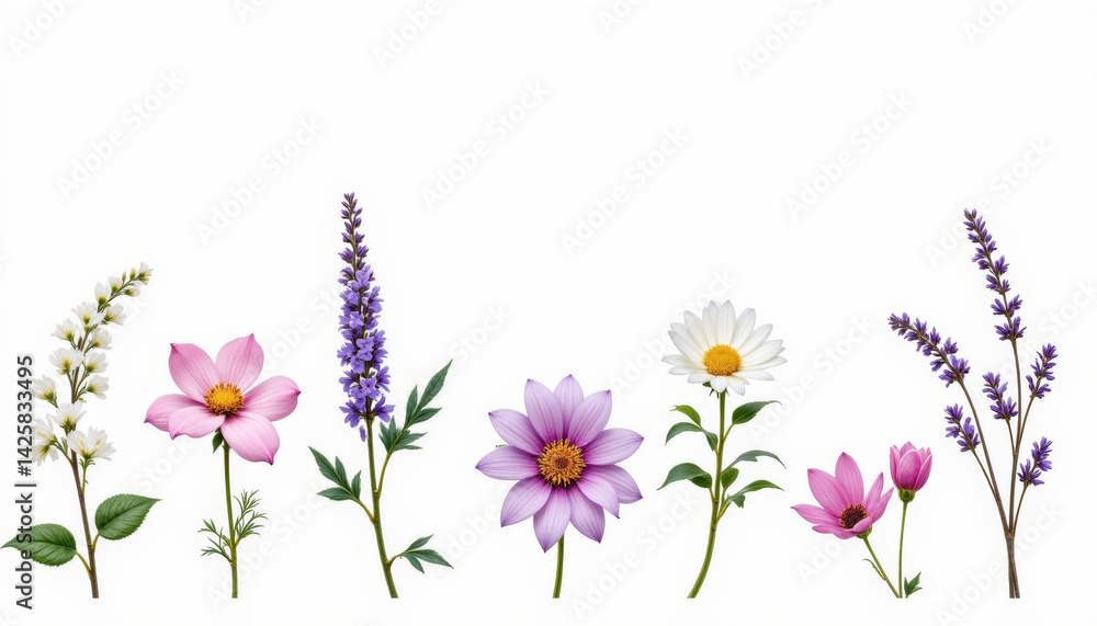 Obraz premium Beautiful flowers arranged in row showcase vibrant colors and diverse shapes against clean background. Each bloom adds unique touch to overall aesthetic, creating serene and inviting atmosphere