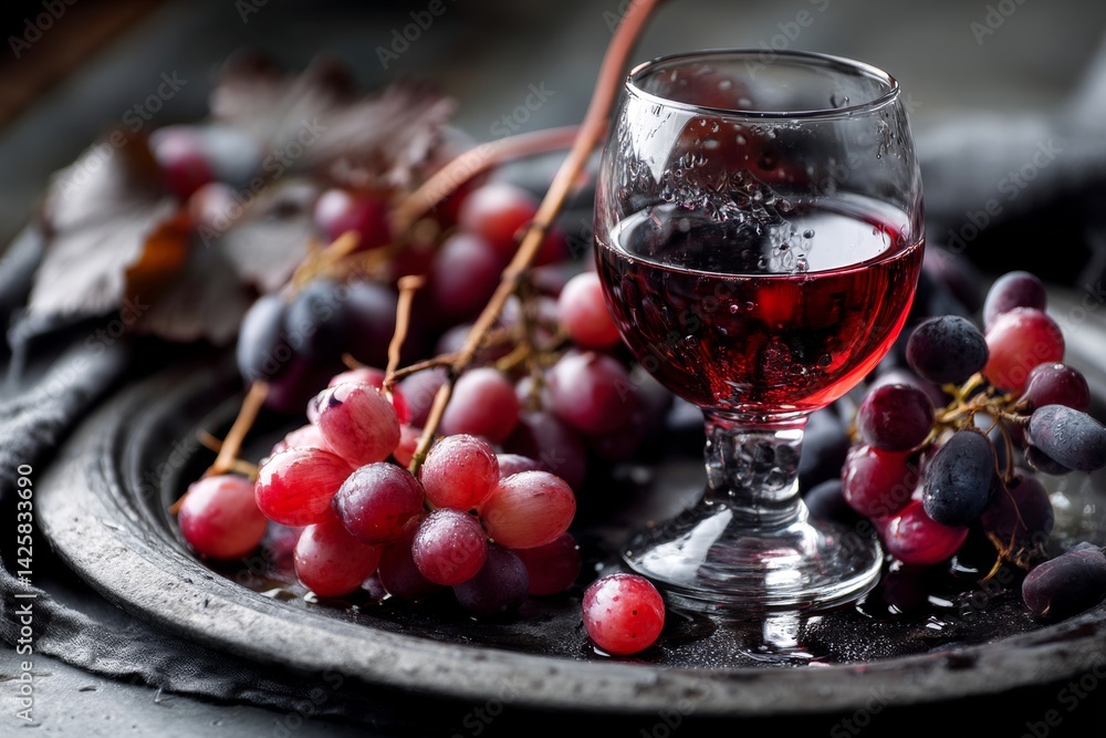 Glass of red wine with grapes.