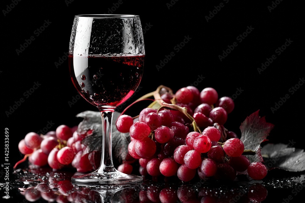 Glass of red wine with grapes.