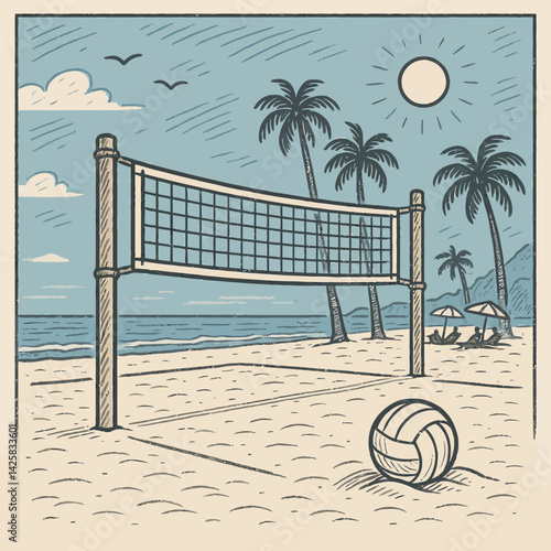 Beach Volleyball Net and Ball at the Beach with Palm Trees
