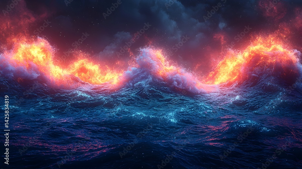Fototapeta premium Surreal electric waves crashing over a turbulent ocean