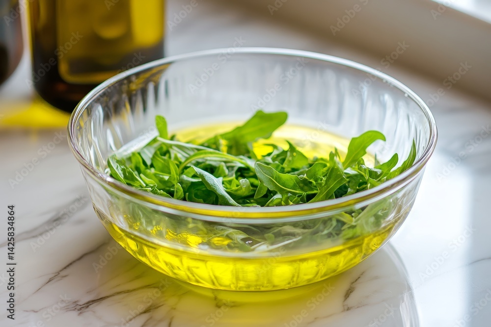 Fresh green salad with avocado and olive oil.